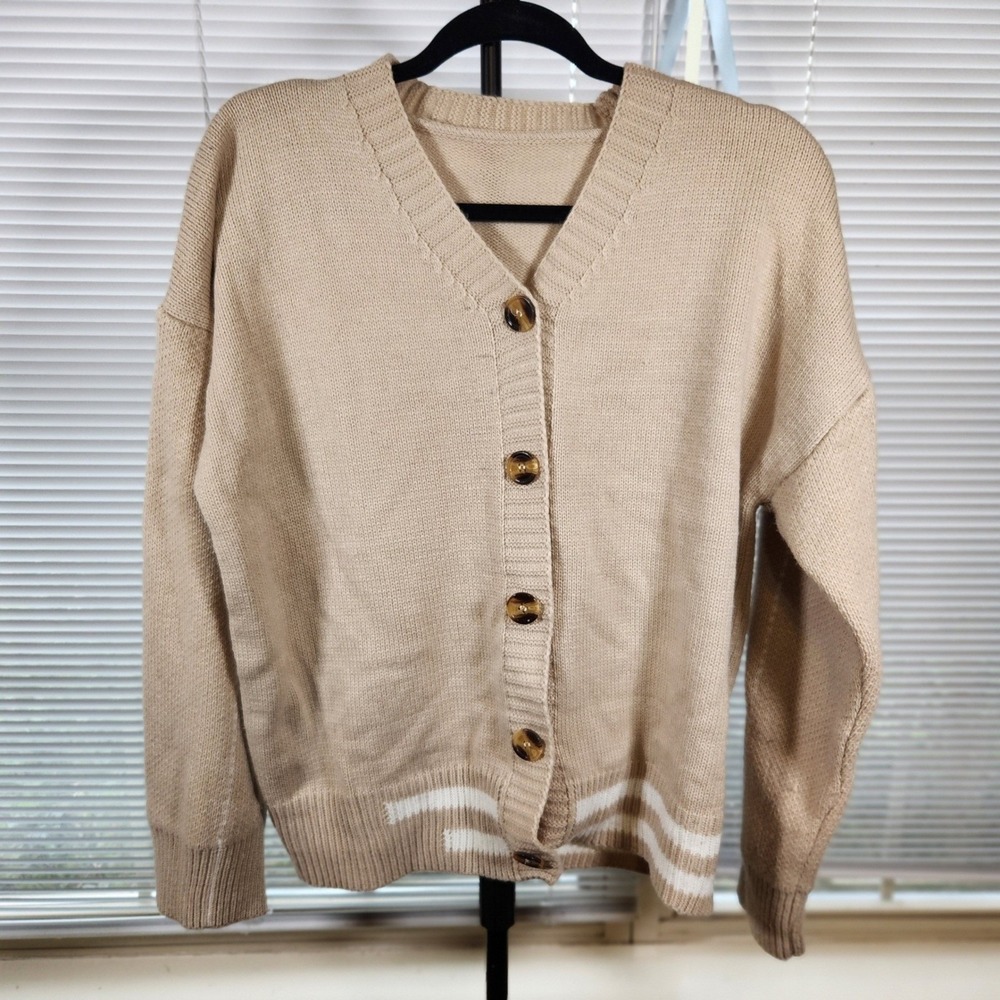 Beige Medium Tortoiseshell Button White Stripe V-Neck Retro Collegiate Cardigan